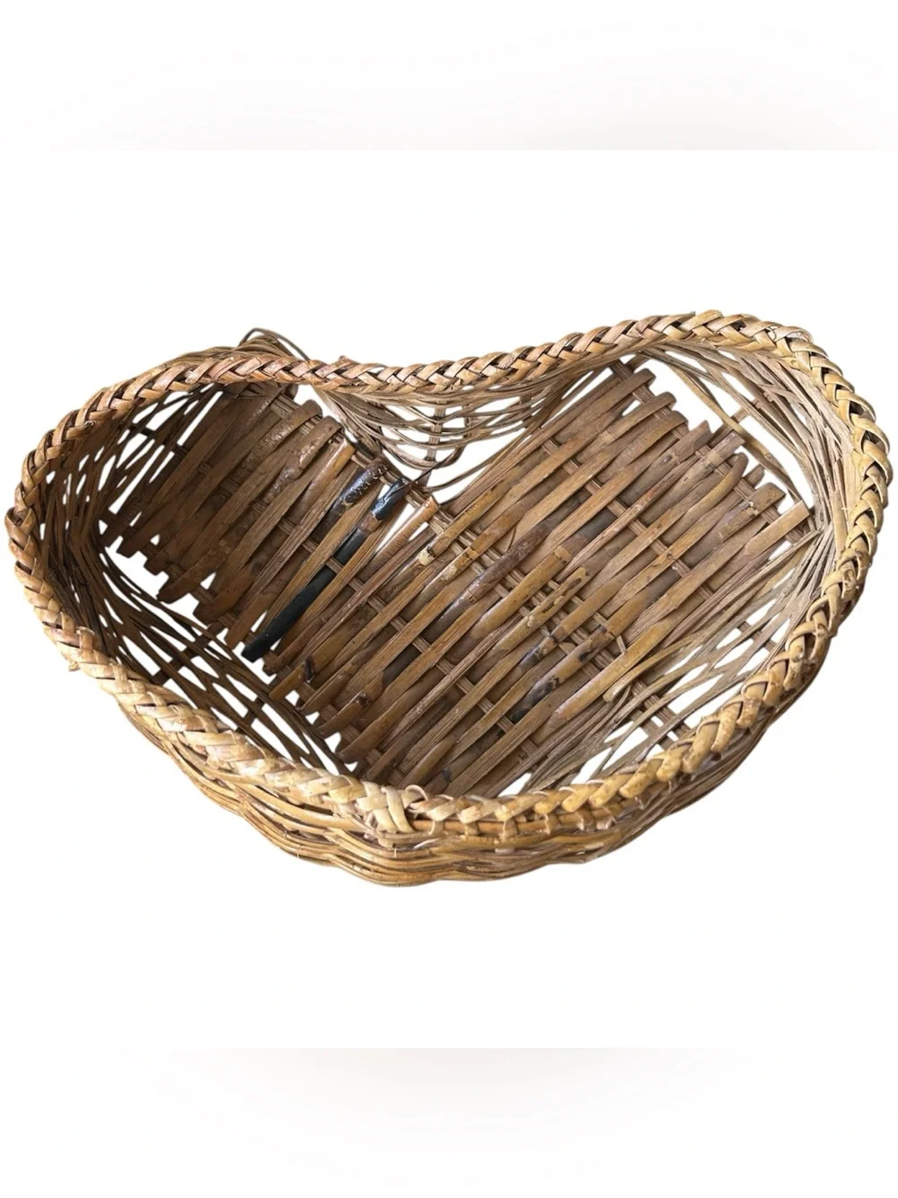 Vintage Handwoven Natural Brown Heart Shaped Reed Basket - Home Accents